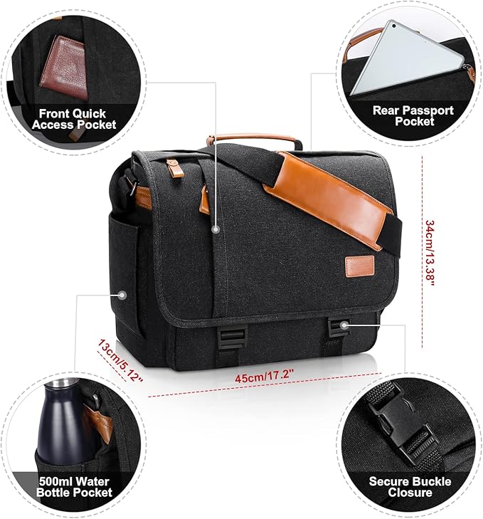 ESTARER Men Messenger Bag 15.6 inch, Computer Work Bag Water-resistant Canvas, Laptop Shoulder Bag Briefcase Satchel, Dark Grey