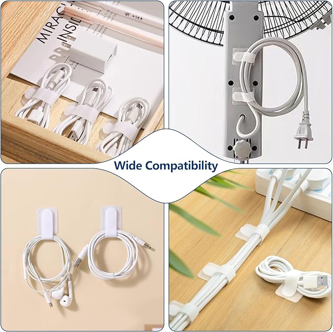 Abnii 50 PCS Hook and Loop Cable Ties, Under Desk Cable Management, Self Adhesive Cable Clips Straps, Sticky-Back Cord Organizer, Wire Organizer for TV PC Laptop Ethernet Desktop, White