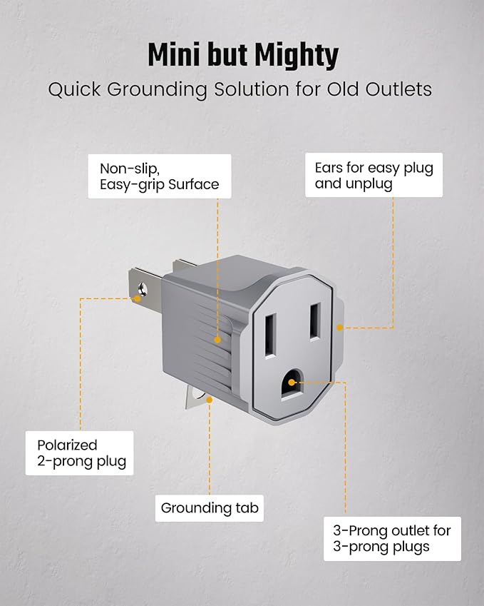 2 Prong to 3 Prong Outlet Adapter, ETL Listed 3-2 Prong Adapter, Fire-Retardant (392℉) PBT Material, Heavy Duty Wall Plug Adapter for Old Homes, Travel to Japan, Gray (Light Gray (2-Pack))
