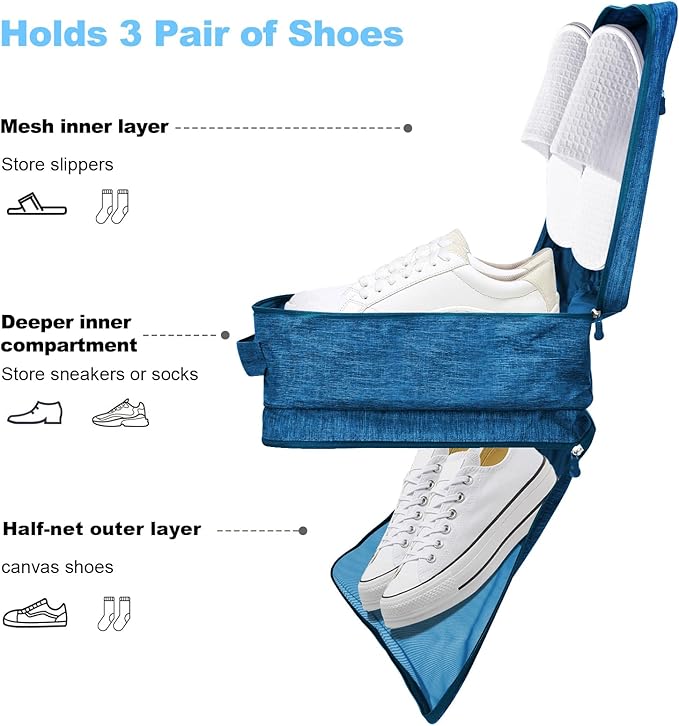 Large Shoe Bags for Travel, Holds 3 Pairs, Blue