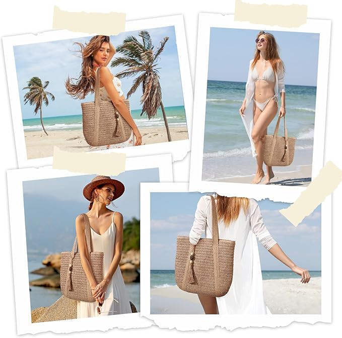 Trifabricy Beach Bags for Women, Large Beach Bag, Woven Straw Tote Bags Waterproof, Weaving Swim Shopping Travel Bag