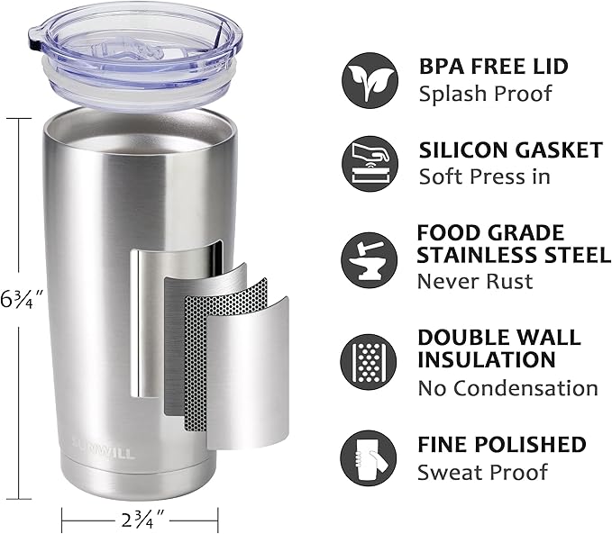 SUNWILL Travel Coffee Tumbler 20 oz, Stainless Steel Mug with Lid, Insulated Cup for Water, Tea, Hot and Cold Drinks, Silver
