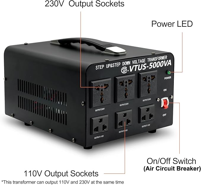 Cantonape 5000 Watt Voltage Converter Transformer - Heavy Duty Step Up/Down Convert from 110-120 Volt to 220-240 Volt and from 220-240 Volt to 110-120 Volt - Circuit Breaker Protection