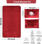 Travel Blanket and Pillow Compact – 4-in-1 Soft Fleece Airplane Blanket with Bag Pillowcase, Neck Pillow, Eye Mask & Earplugs, Lightweight Portable Flight Blanket 60"x43" (Red)