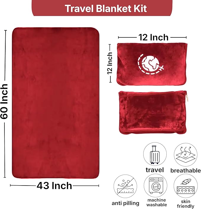 Travel Blanket and Pillow Compact – 4-in-1 Soft Fleece Airplane Blanket with Bag Pillowcase, Neck Pillow, Eye Mask & Earplugs, Lightweight Portable Flight Blanket 60"x43" (Red)