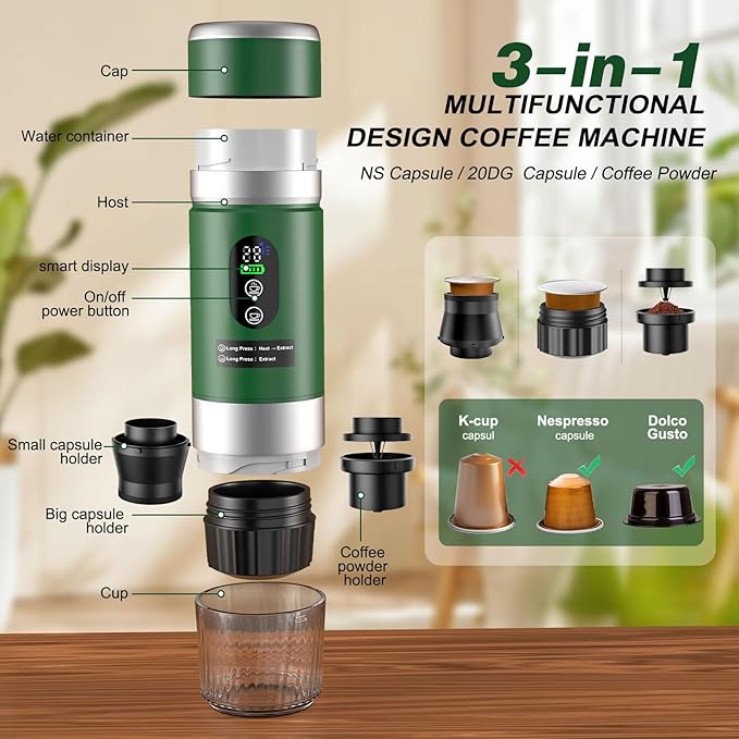 Portable Espresso Machine with Removeable Battery, 20 bar Mini Travel Coffee maker, Expresso Maker with USB-C,3-in-1 Car Coffee Maker Self-Heating, Ground Coffee & Capsule(Ns&DG)