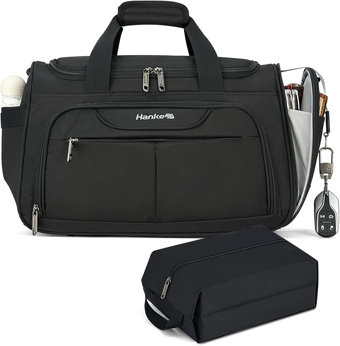 Hanke Large Capacity Travel Duffel Bag, Carry On Luggage with 12 Pockets, 17 Inch Laptop Compartment, Wet Dry Separation & Independent Shoe Bag, Lightweight Foldable Duffel Bag for Women Men（Black）