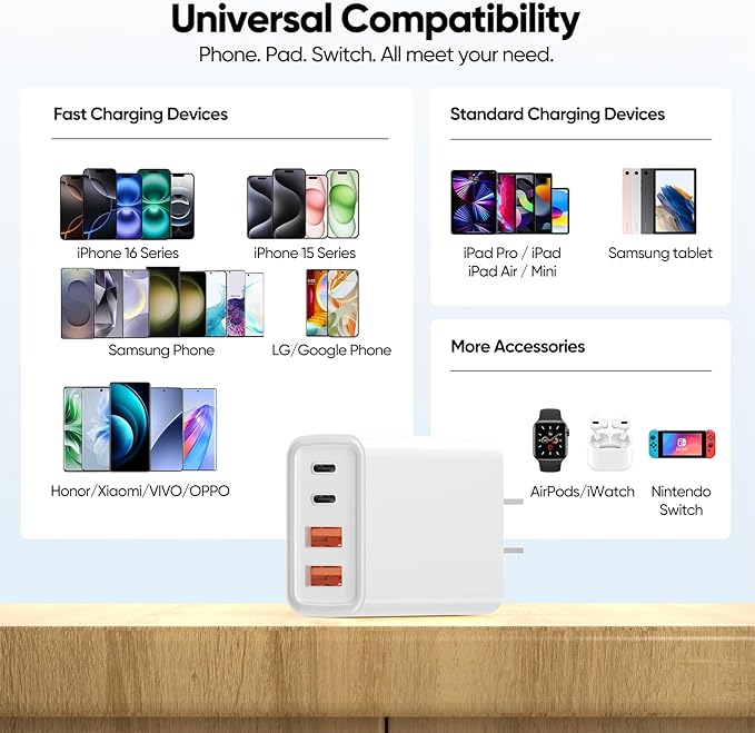 2 Pack USB C Charger Block 60W, 4-Port GaN5 Super Fast Phone Charger, Type C Charging Block PD 20W & QC 20W with 6.6FT USB C Cable for iPhone17 Air/17/16/15Pro Max Samsung Galaxy S24