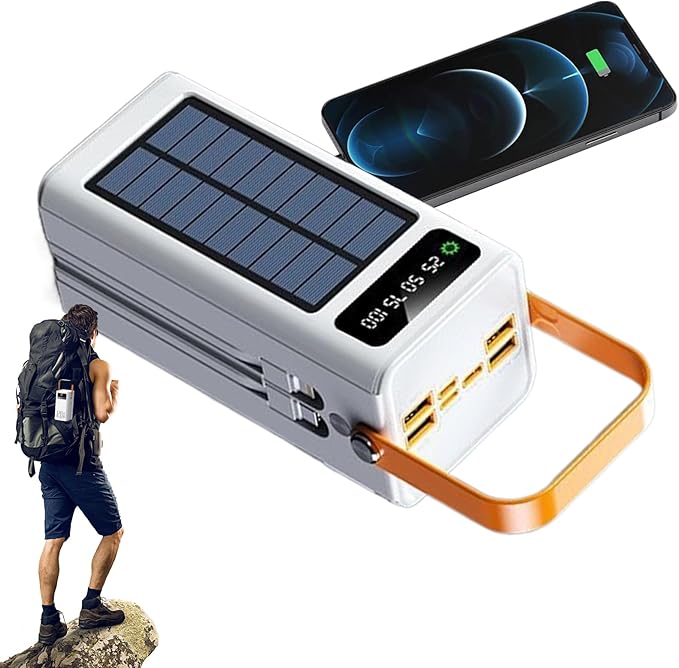 Solar Charger - Portable 50000mAh Energy Station, High Watt External Battery Bank with Integrated Wires Fast Recharge Inputs Multiple Device Connections, Bright LED Illumination Feature, Ideal for Bac