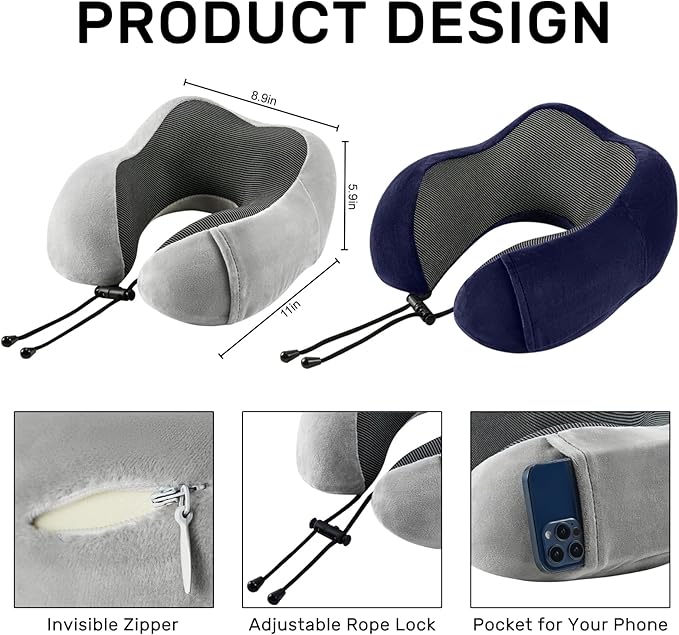 urnexttour Travel Pillow for Airplane-2 Pack Memory Foam Neck Pillows, Soft Support Travel Essentials for Travelling, Sleeping Rest, Car, Train and Home Use(Grey&Blue)