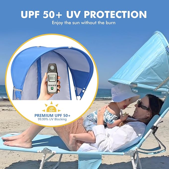 Backpack Beach Tanning Chair with Canopy and Face Hole, 6-Position Folding Lay Out Lounge Chair, UPF 50+ Wind-Resistant Sun Shade, Portable Recliner for Sunbathing, Outside, Poolside, Lawn, 2Pack