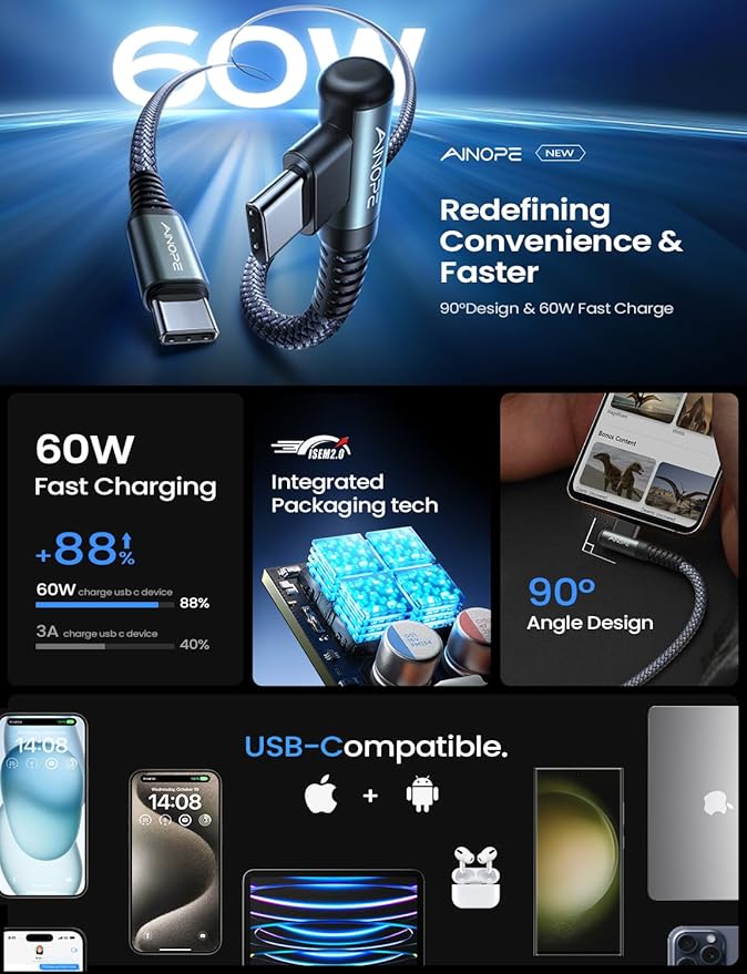 AINOPE USB C to USB C Cable 10FT 2Pack 60W Type C Cable Righe Angle for iPhone 16 Pro Max Charger Fast Charging Long Charger Cord Cable 10FT Compatible with iPhone 16 MacBook iPad Pro Airpods Pixel