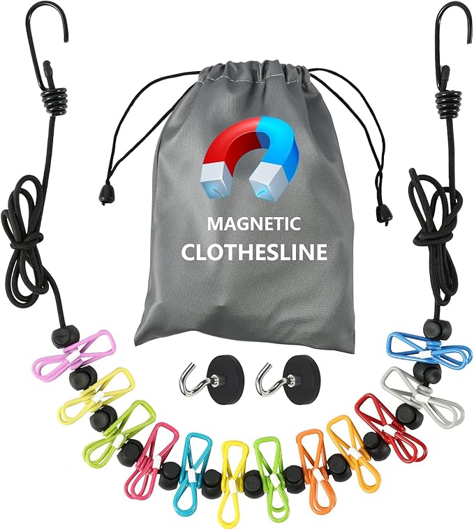 Portable Magnetic Clothesline for Cruise Ship Cabin, Travel Clothesline with 12 Clips and Carry Bag, Rubber-Coated Non-Scratch Magnets for Cruise, RV & Hotel