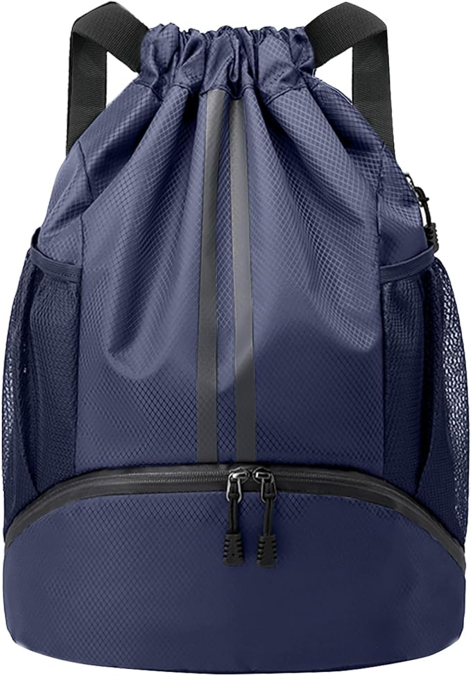 JELUTAR Drawstring Backpack Gym Bag with Shoes Compartment for Soccer, Basketball, Swim, Water-Resistant String Backpack Beach Cinch for Women Men, Navy Blue