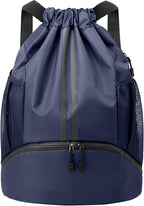JELUTAR Drawstring Backpack Gym Bag with Shoes Compartment for Soccer, Basketball, Swim, Water-Resistant String Backpack Beach Cinch for Women Men, Navy Blue
