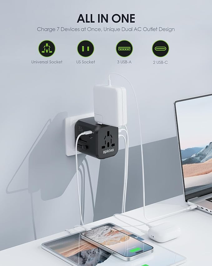 EPICKA 35W Universal Travel Adapter with 2 AC Outlet, European Travel Plug Adapter with PD Fast Charging, 6-Port (2 AC/2 USB-C/3 USB-A) International Power Adapter - Travel Essentials (TA-205, Black)