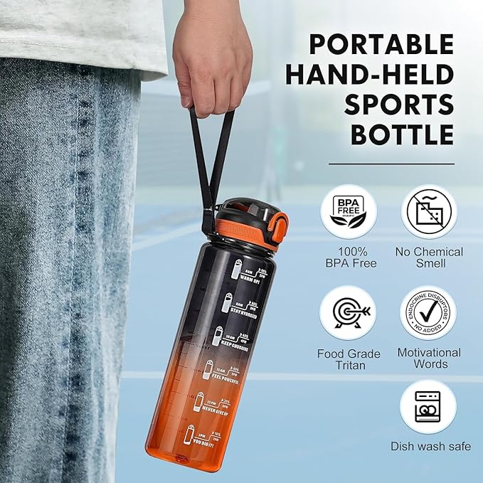Water Bottle with Straw 1L,Boys Water Bottles with Straw 1 Litre,Waterbottle Leak-Proof Sports Water Bottle,Plastic Drinks Bottles Toxin Free，Bpa-Free (Black Orange)