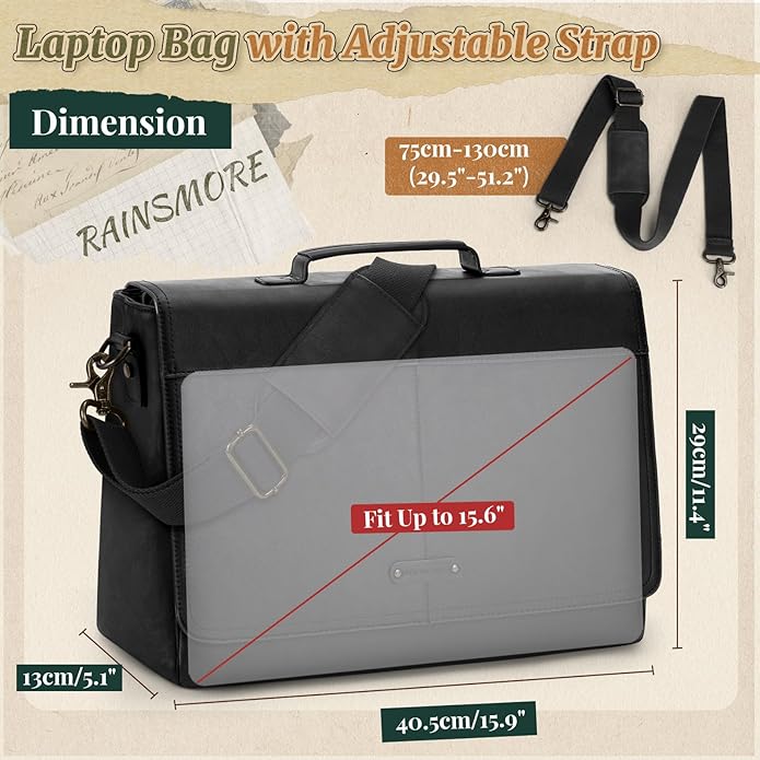 RAINSMORE Vintage Flap Messenger Bag for Men PU Leather Laptop Bag 15.6 Inch Mens Briefcase Waterproof Satchel Computer Bag