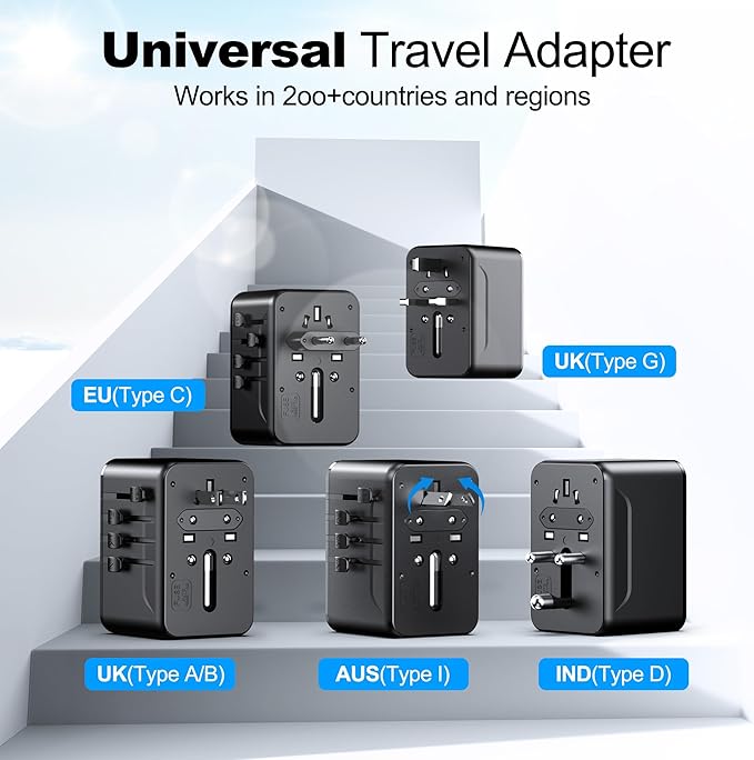 VYLEE Universal Travel Adapter, Type D/G/C/I/A International Adaptor with 2 USB C 2 USB A, Worldwide Charger for Europe UK Maldives Sri Lanka India Nepal Ghana Zimbabwe Tanzania Nigeria (Black)