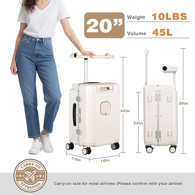 smilesun 20" Adjustable Fence Luggage with Seat, Carry On Suitcase for Kids & Adults, 200lbs Support, 360° Silent Wheels with TSA Lock, Tablet & Cup Holder(White)