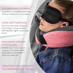 Proglobe Pink Airplane Travel Pillow Set, 100% Pure Memory Foam Neck Pillow, Updated Material, Long Flight Travel Kit with 3D Contoured Eye Masks, Earplugs, and Luxury Bag