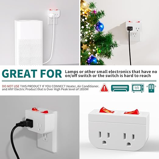 3Pack - POWAWINI Grounded Outlet with Double On Off Switch, Two Port Electrical Outlet Plug Switch, Wall Tap Adapter with Daul Red Indicator, 1875W,15A, ETL Listed (White)