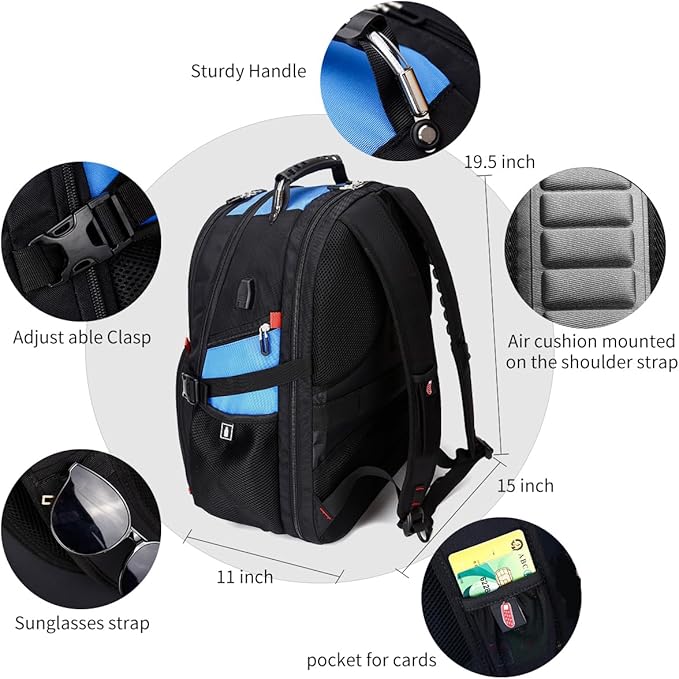SHRRADOO Extra Large 50L Travel Laptop Backpack with combination lock, College Backpack Airline Approved Business Work Bag Fit 17 Inch Laptops for Men Women,Blue