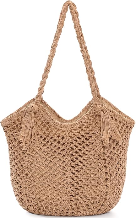 Pleneal Crochet Beach Bag, Summer Woven Tote Bag with Lining, Soft Purse Shoulder Bags for Vacation