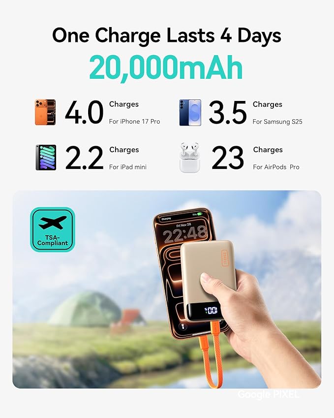 INIU Smallest 20000mAh Power Bank, 22.5W PD Fast Charging Portable Charger with Detachable Cable, Flight-Safe Battery Pack with LED Display for iPhone 17 16, iPad, Travel, Hiking, Camping, Beige