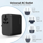 Universal Travel Adapter, European Travel Plug Adapter 5-in-1 PD Fast Charging with Surge Protection & Fuse, International Power Adapter for US EU UK AU - Black