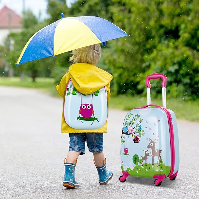 BABY JOY 2 PC Kids Luggage, 16" Toddlers Carry-on Suitcase & 12” Backpack Set, Children Travelling Case w/ 4 Casters & Retractable Handle, Lightweight Trolley Case for Boys & Girls (Deer)