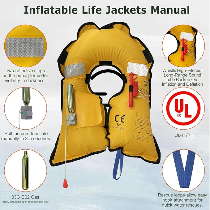 Manual Inflatable Life Jacket| Inflatable PFD Vest Adult| Life Vest for Adults| Outdoor Water Sports| Supports up to 330 lbs|33g of Carbon Dioxide Cylinder