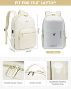 LOVEVOOK Laptop Backpack Purse for Women, Work Travel Computer Bags, College School Backpack for Student Girl, Quilted Casual Daypack with USB Port, Fit 15.6 Inch Laptop, Beige White