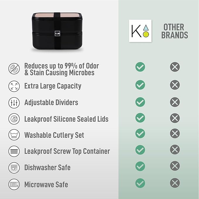 KARRICO Double Premium Bento Box Adult, 67 fl oz BPA-Free - Black Stackable Lunch Box with Leak-Proof Lids & Dividers, Perfect for Meal Prep, Lunches & Portion Control
