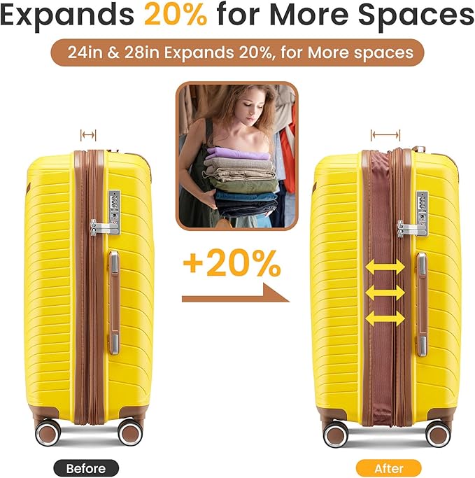 Hard Shell Luggage Sets 4 Piece with 360 Spinner Wheels,Lightweight Suitcase Set with TSA Lock,Travel Luggage Set with Telescoping Handle,Light and Strong,Easy to Clean (Yellow)