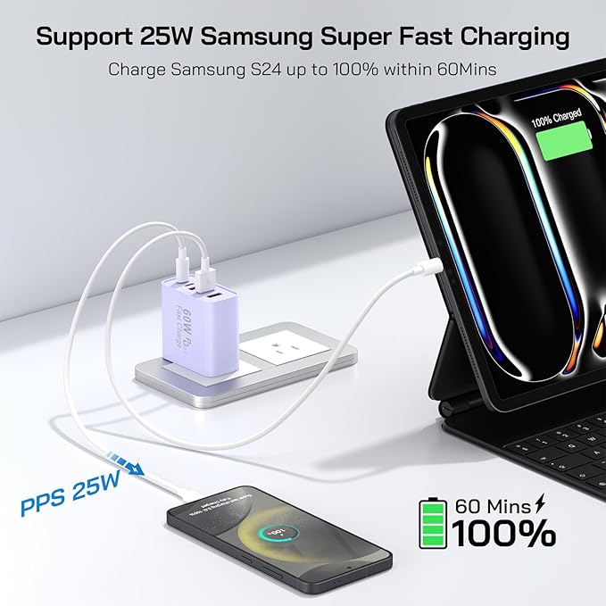 2Pack USB C Fast Charger Block, Total 60W 5-Port USB C Wall Charger 30W Type C Charging Block, 2USB C+3USB A PD 3.0 Multiport Charging Cube for iPhone 17 16 15 14 Pro Max, G-alaxy S26 S25 Ultra, i Pad