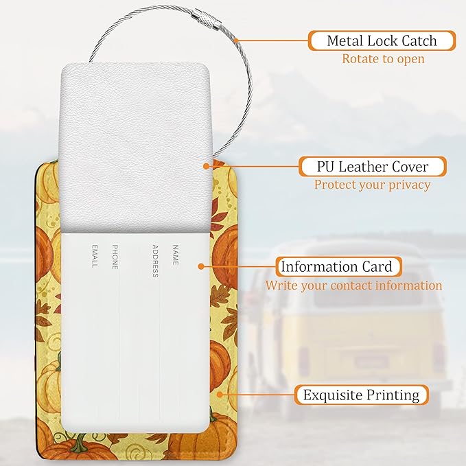 Fall Pumpkin Luggage Tags for Suitcases, 3 Pack Leather Bag Tag Identifiers with Stainless Steel Loop and Address Card for Men Women