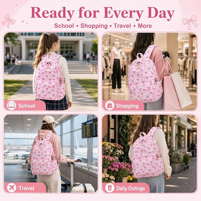 LOIDOU Backpack for Girls School Backpacks Bookbags for Elementary Middle School Women Laptop Backpacks (Pink bow-215, L-17)