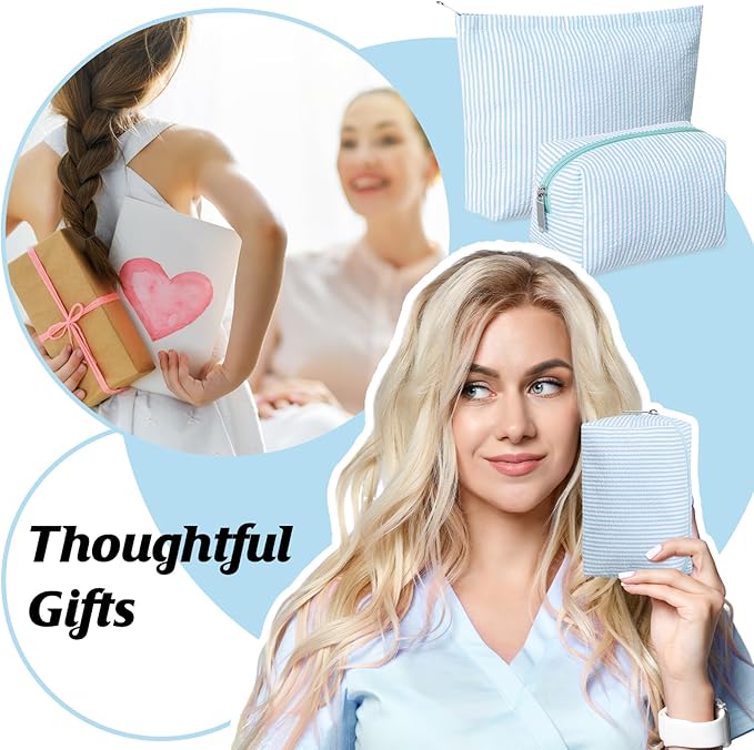 Huhumy 2 Pcs Makeup Bag Set Cute Cosmetic Pouch for Women Seersucker Travel Toiletry Bag Preppy Small Makeup Purse Pouch Aesthetic Skincare Brushes Storage Organizer for Valentine Women(Light Blue)