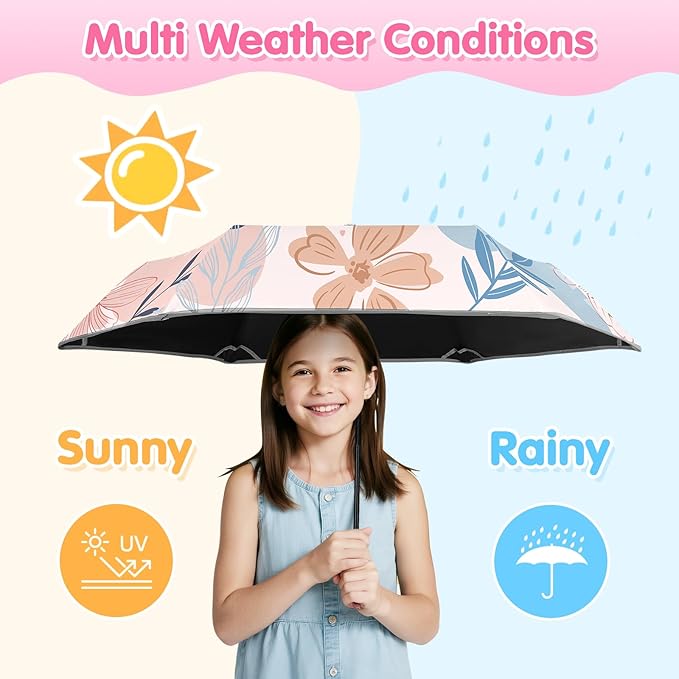 Kids Folding Umbrella Auto Open/Close Umbrellas for Rain Round Corner Safe Design UV Resistant Automatic Children Travel Umbrellas Reinforced Canopy 360° Reflective Strip Lightweight for Girls & Boys