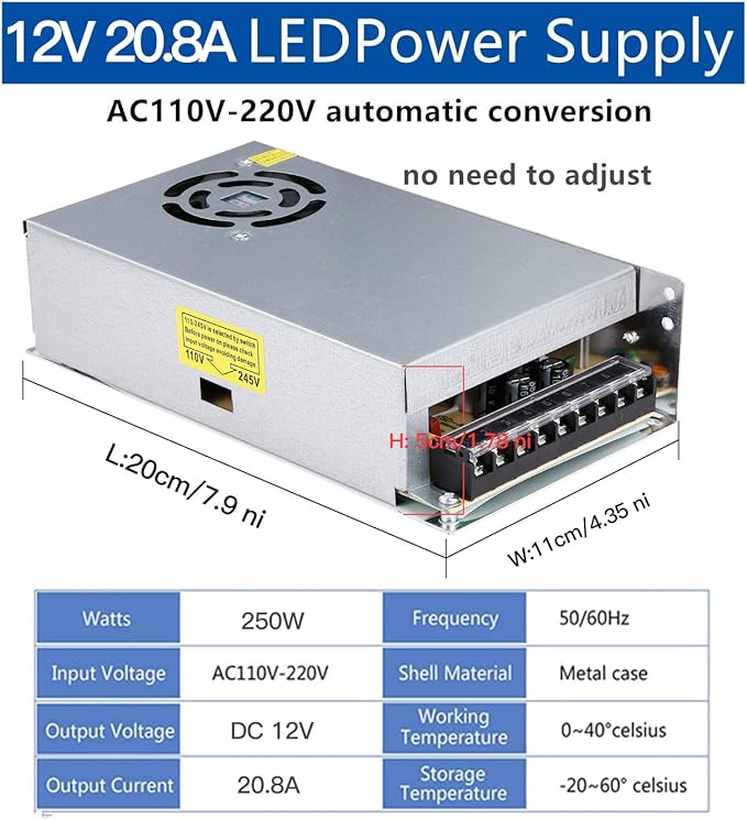 20A 250W 12V DC Power Supply, Universal Regulated Switching AC 110V/220V to DC Converter (SMPS) Transformer Driver Adapter for LED Strip Lights, CCTV Camera System, 3D Printer, Radio, Computer Project