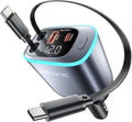 USB C Cable iPhone Car Charger, Retractable Fast USB C Phone Charger, Cigarette Lighter Adapter with 2 USBC Cables 25 Inch and 2 USB Ports, Multi Port Car Charging for iPhone 17/16/15/Pro Max-Gray