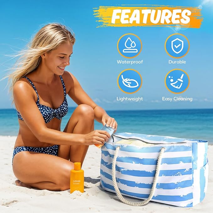 SRISE Large Beach Bag for Women & Men, Beach Bags Waterproof Sandproof, Travel Tote Bag, Swim Pool Bag for Family Outdoor
