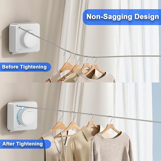 2 Pack Retractable Clothesline Indoor & Outdoor, 16.2 Ft Non-Sagging Stainless Steel Laundry Washing Line with Wall Mounted Heavy Duty Design, Space-Saving Clothing Drying Rack (White)