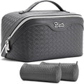 BOYATU Travel Makeup Bag Cosmetic Bags for Women: Large Capacity 3 Pcs Set Make up Bag with Compartments - Waterproof Vegan Leather Toiletry Organizer Bags with Handle (L07Grey)