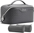 BOYATU Travel Makeup Bag Cosmetic Bags for Women: Large Capacity 3 Pcs Set Make up Bag with Compartments - Waterproof Vegan Leather Toiletry Organizer Bags with Handle (L07Grey)