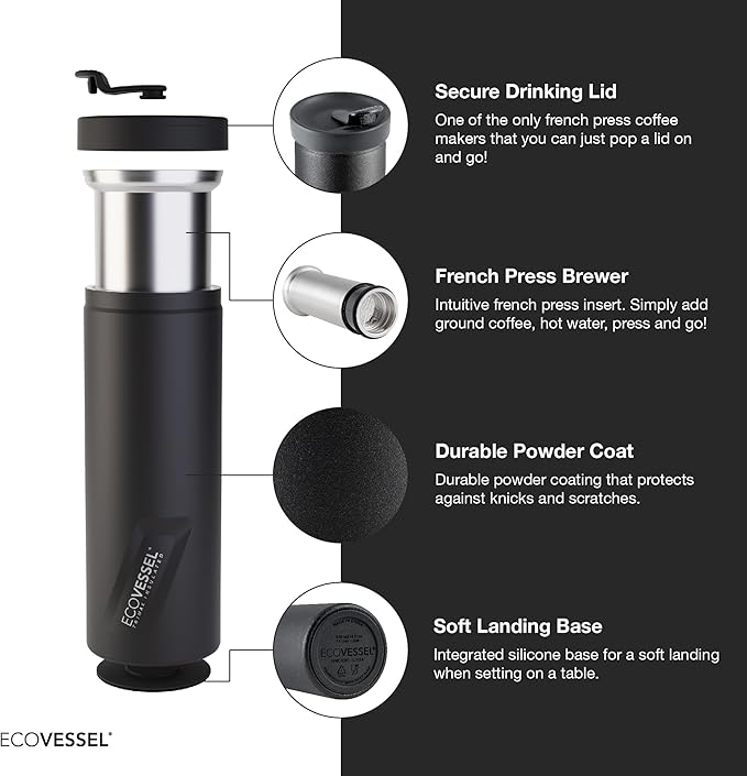 EcoVessel Travel French Press, Portable Coffee Maker, Stainless Steel Insulated Coffee Press, Reusable Single Serve Bottle for On-The-Go Use, 14oz (Mint)