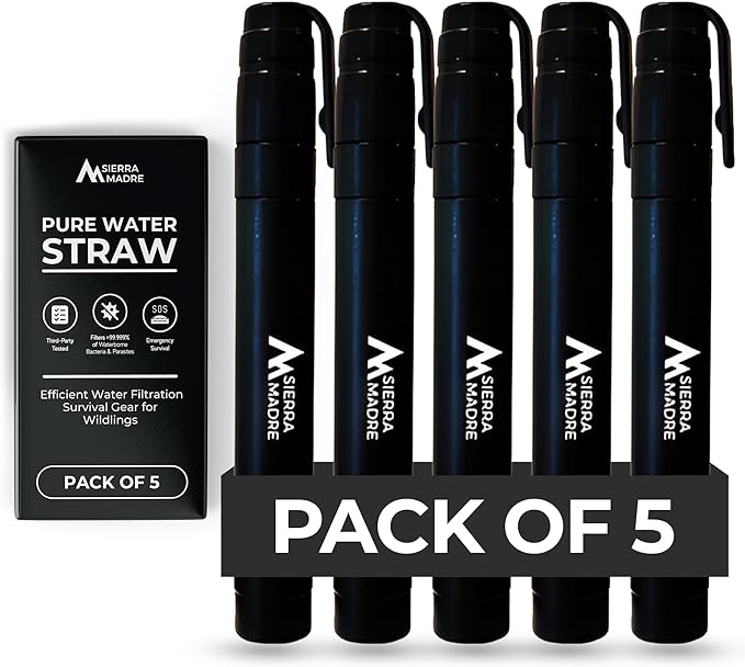 Sierra Madre Portable Water Filter Straw – 264 Gallon Water Filtration for Backpacking, Camping, Hiking, Travel - Ideal for Outdoor Emergency Hydration & Supplies - Portable & Lightweight (Pack 5)