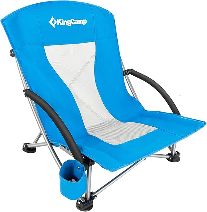 KingCamp Low Beach Chair, High Back Folding Camping Chair for Adults, Oversized Breathable Mesh Seat, 300lbs Heavy Duty Portable Chair with Cup Holder & Storage Pockets for Beach, Outdoor