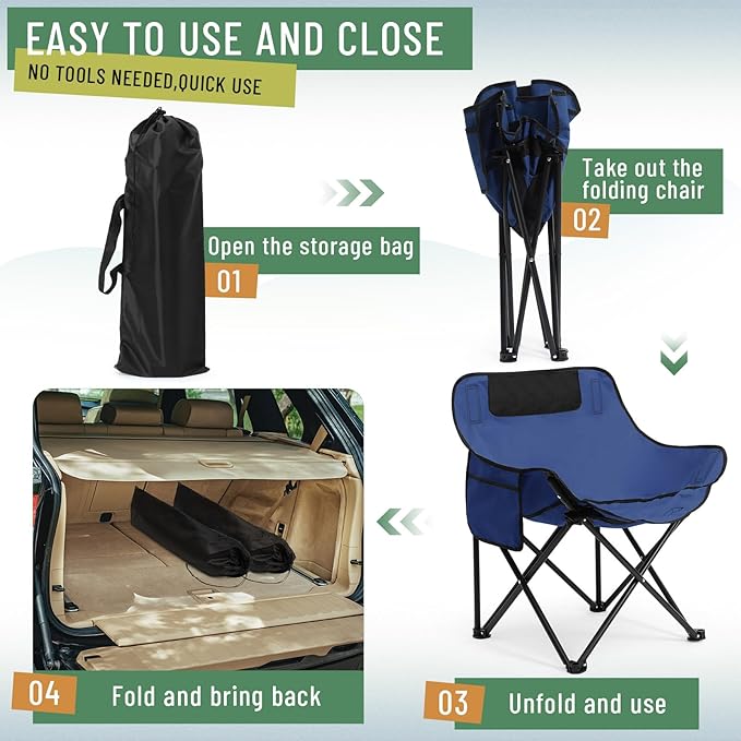 2 Pack Compact Camping Chairs Portable Folding for Outside with Carry Bag Lightweight Moon Chairs for Travel Picnic Hiking Beach Fishing, 600D Oxford, Supports 330lbs(Blue)